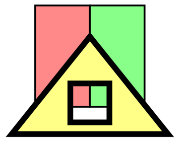 yellow triangle with rectangular hole showing pink and green rectangles underneath